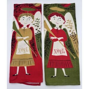 MCM Tammis Keefe Linen Tea Towel Set Noel Angels Trumpet Tree 1950s Christmas